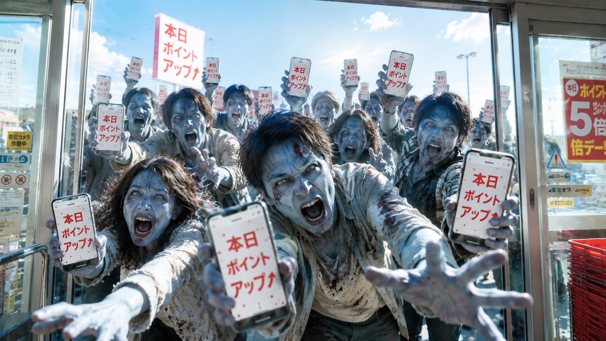 Create a cinematic photorealistic blog cover image showing a chaotic crowd of zombie-like shoppers pressed against the …