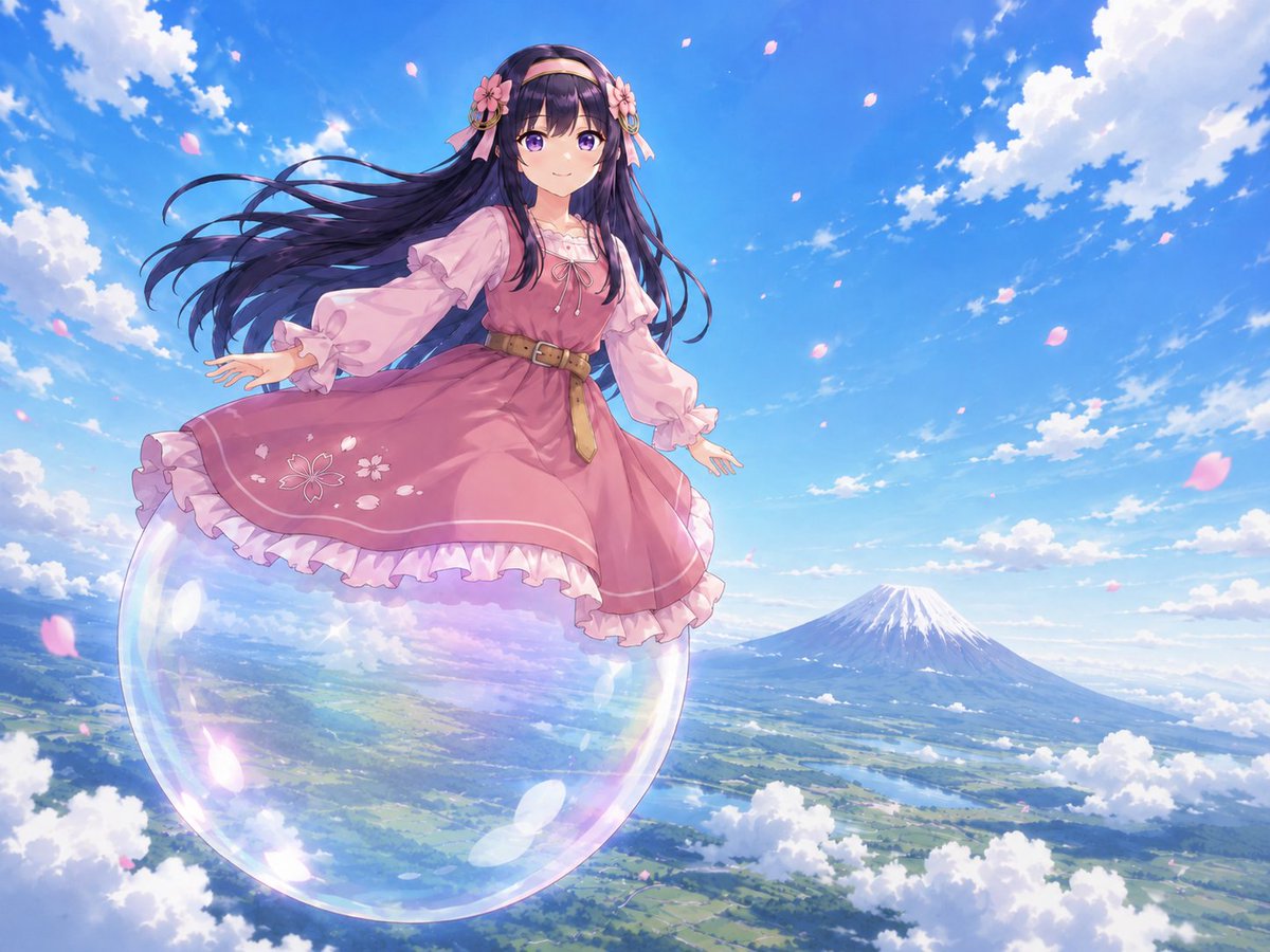 Create a vibrant anime-style fantasy sky illustration in a wide 4:3 canvas. Show exactly 1 young girl floating high abo…