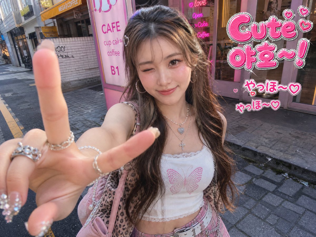 Create a photorealistic wide-angle smartphone selfie in a millennium gyaru / Japanese-Korean cute street fashion aesthe…