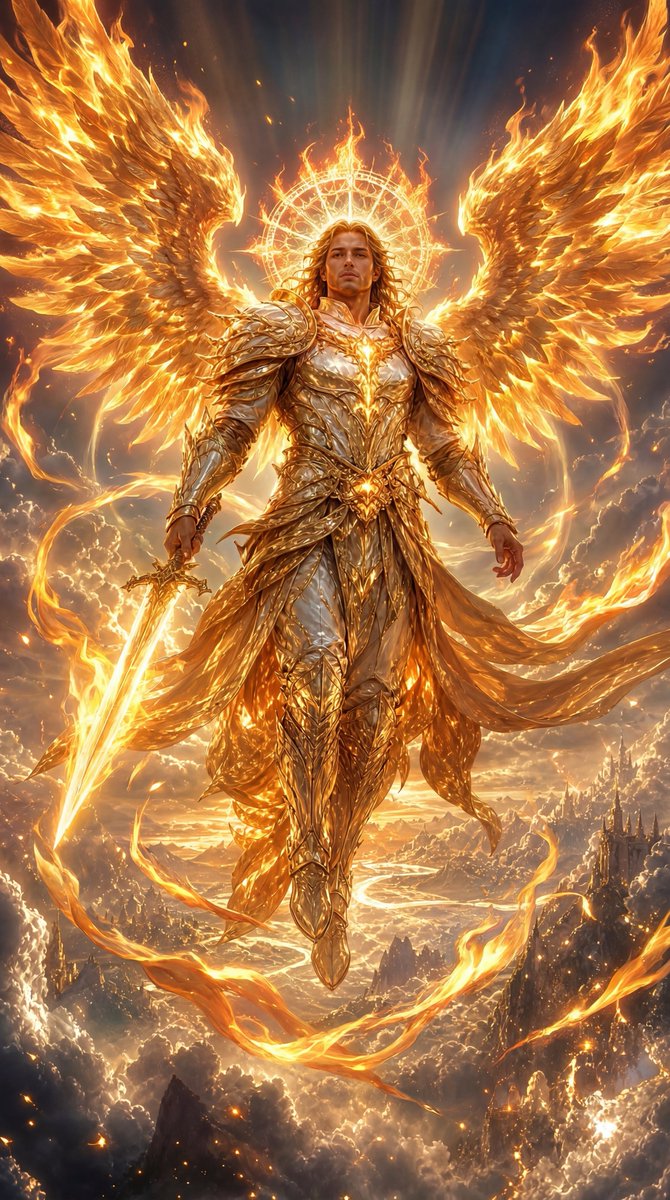 Create an epic vertical fantasy illustration of a radiant {argument name="character name" default="fiery angel"} descen…