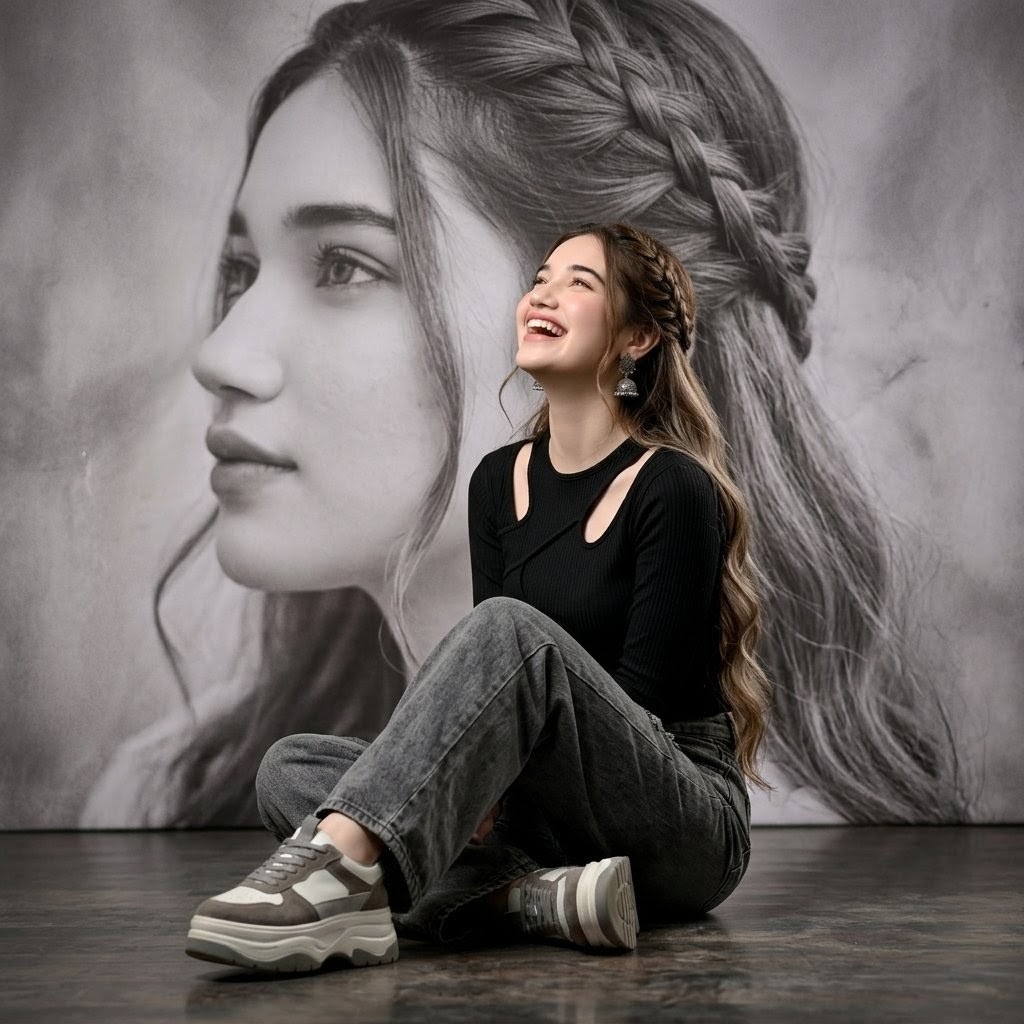 Create a square editorial fashion portrait of {argument name="character name" default="a young woman"} seated elegantly…