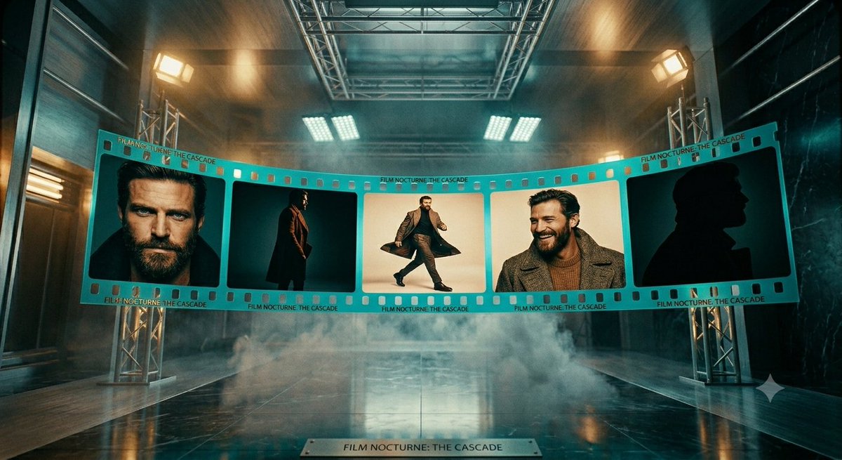 Create a cinematic wide-angle studio scene showing a large turquoise 35mm film strip suspended in a dark industrial sou…