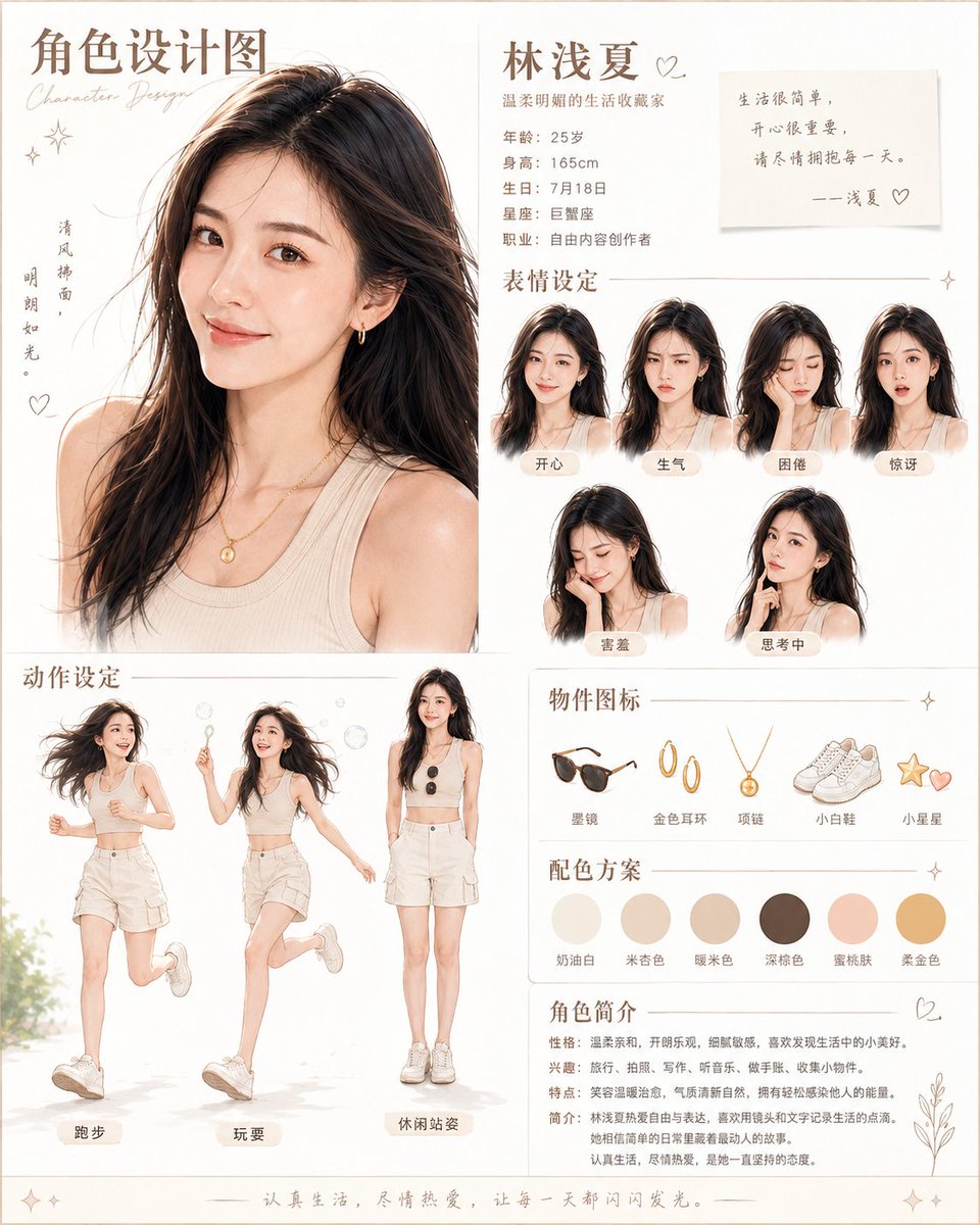 Goal: Create a clean, warm beige Chinese character design poster for {argument name="character name" default="林浅夏"}, a …