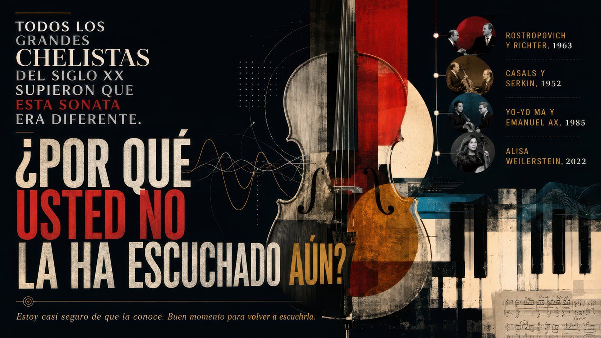 Goal: Create a dramatic widescreen editorial poster about a famous cello sonata and its legendary performers, in Spanis…