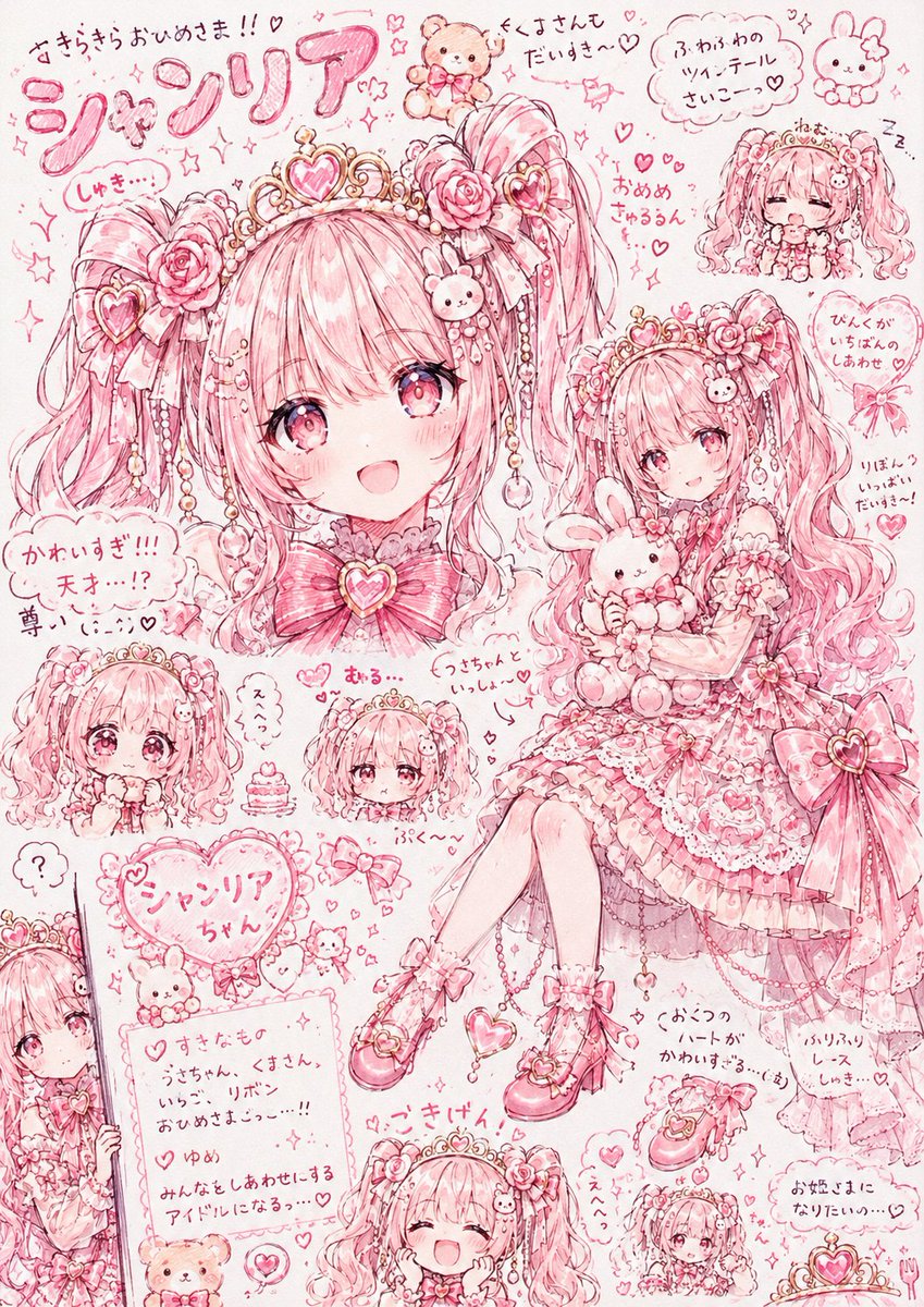 Goal: Create an ultra-cute pink Japanese anime character reference collage for a princess idol named {argument name="ch…
