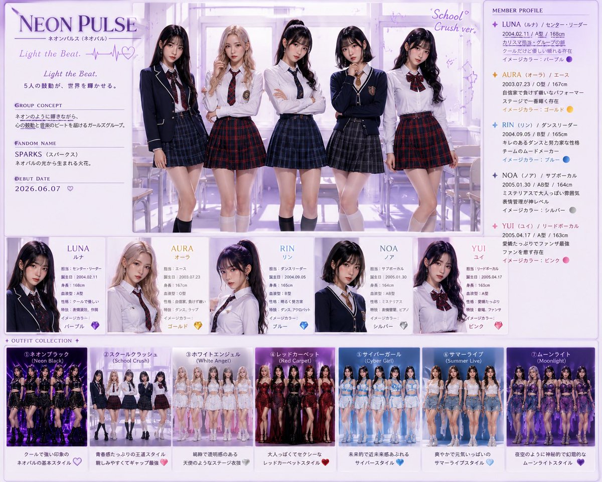 Goal: Create a polished Japanese idol group profile poster for {argument name="idol group name" default="NEON PULSE"}, …