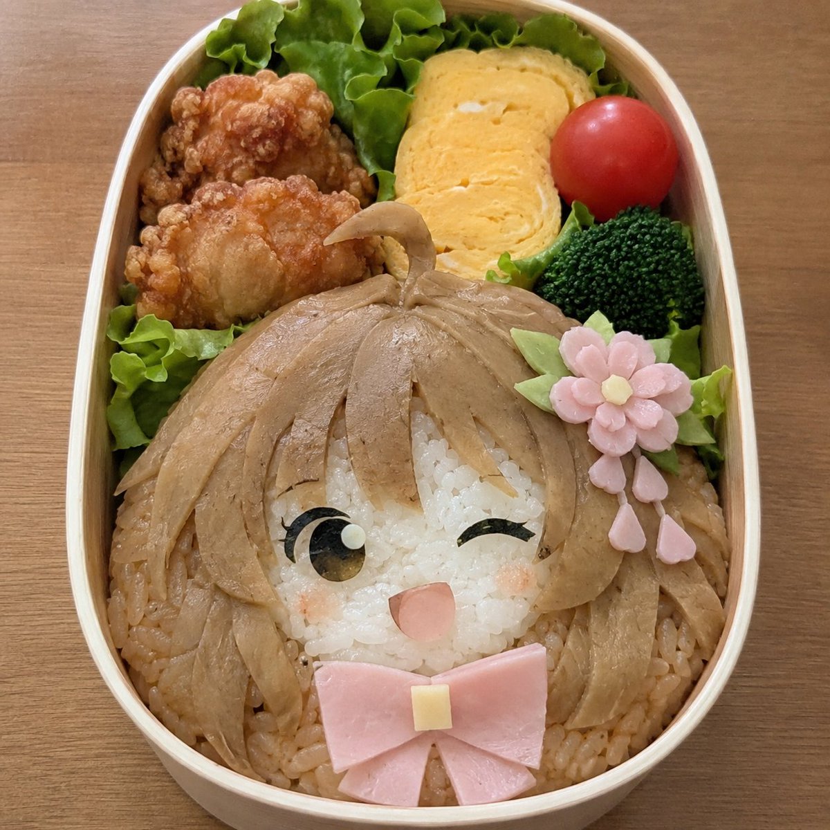 Create a realistic photo-style handmade character bento inspired by a cute anime girl, prioritizing food that looks phy…