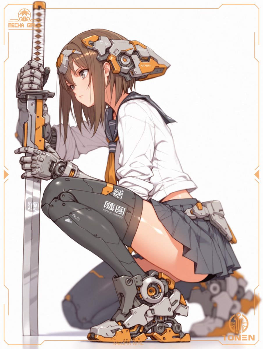 Create a vertical 3:4 anime mecha-girl illustration on a clean white background, framed by a thin orange sci-fi HUD bor…