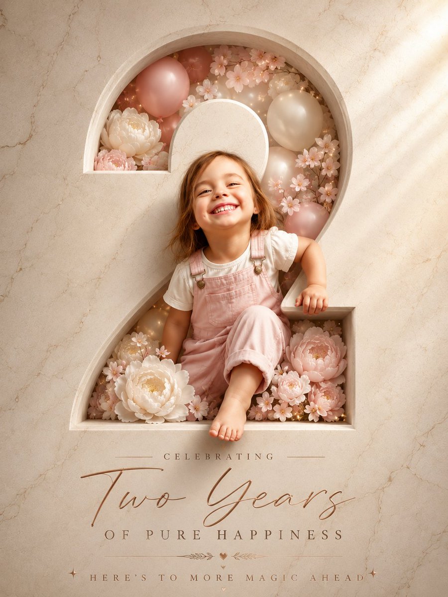 Create a vertical 4:5 luxury toddler birthday portrait poster celebrating {argument name="age milestone" default="Two Y…