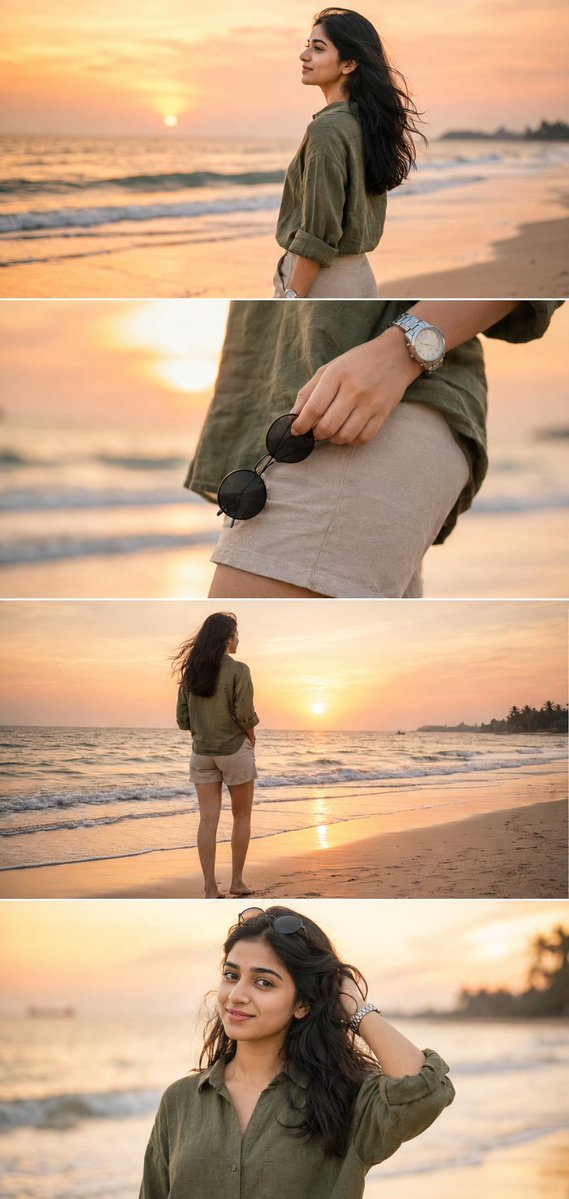 Ultra-realistic DSLR cinematic beach photoshoot collage featuring the SAME girl from the uploaded reference image. Use …