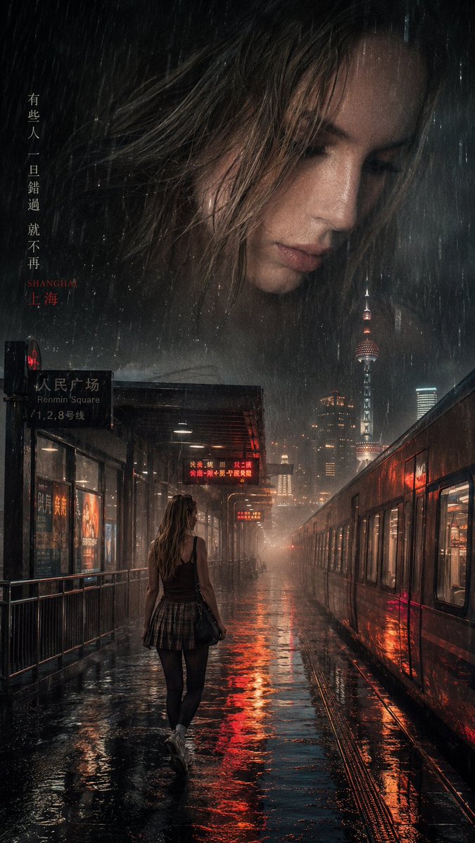 A cinematic and melancholic movie poster with a double exposure effect. At the top, superimposed translucently and ethe…