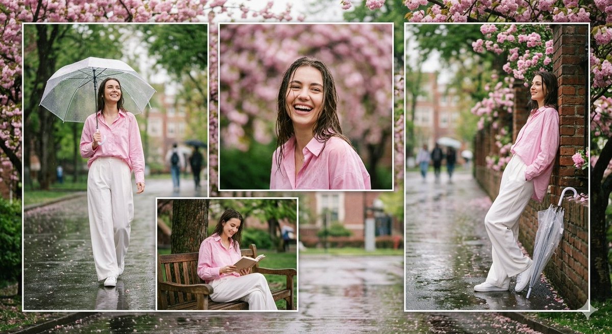 Ultra-realistic rainy season college portrait collage of a stylish young woman wearing an {argument name="top" default=…