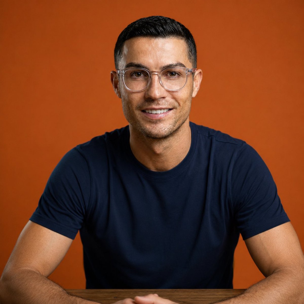 Ultra-realistic professional studio headshot of a young man wearing transparent eyeglasses and a {argument name="male o…