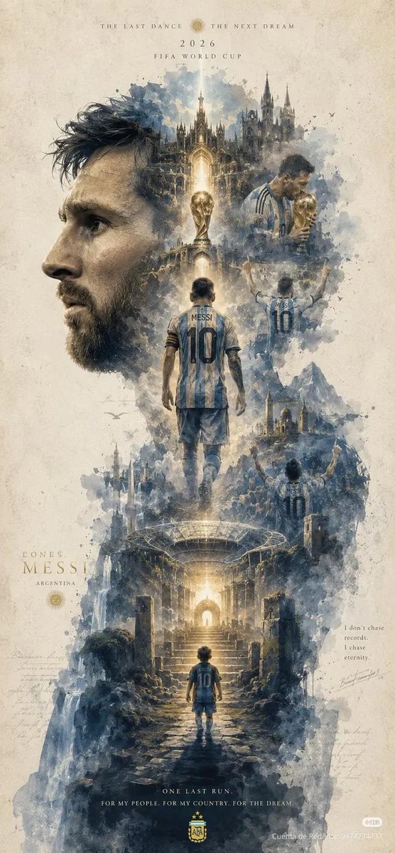 Epic cinematic watercolor poster of {argument name="subject" default="Lionel Messi"}, giant side-profile portrait domin…