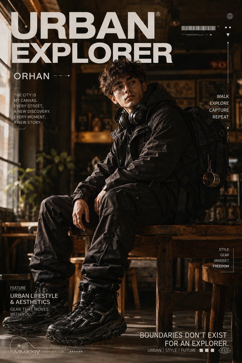 Ultra-realistic cinematic editorial portrait of a young urban explorer sitting on a wooden table inside a cozy industri…