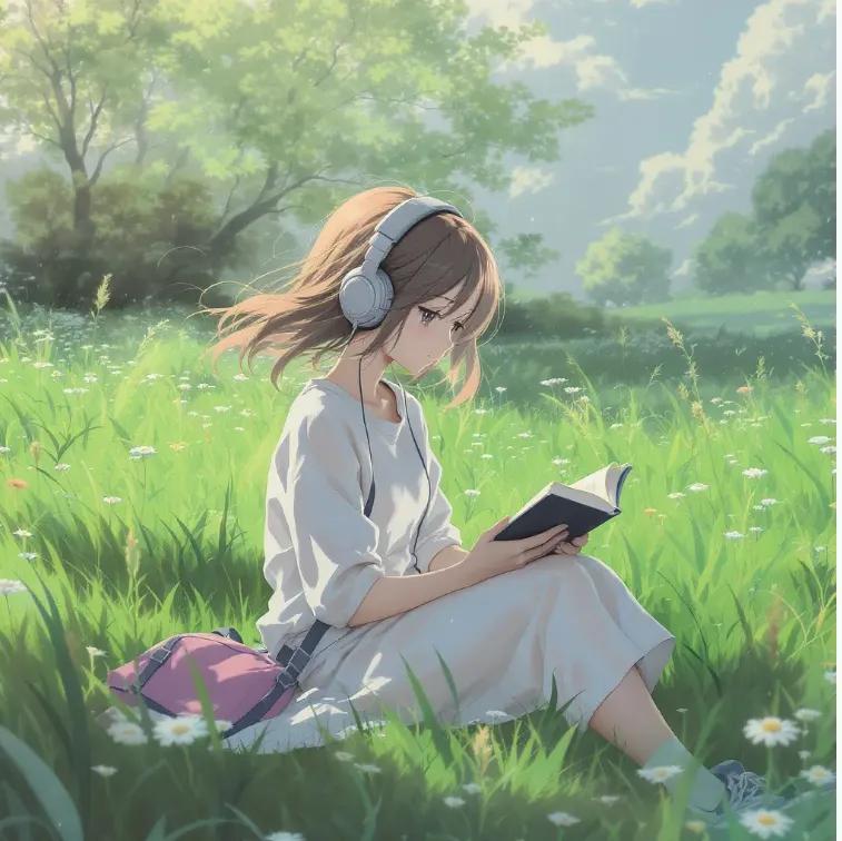 { "Anime-style illustration of a young girl with shoulder-length light brown hair sitting in a flower-filled meadow, re…
