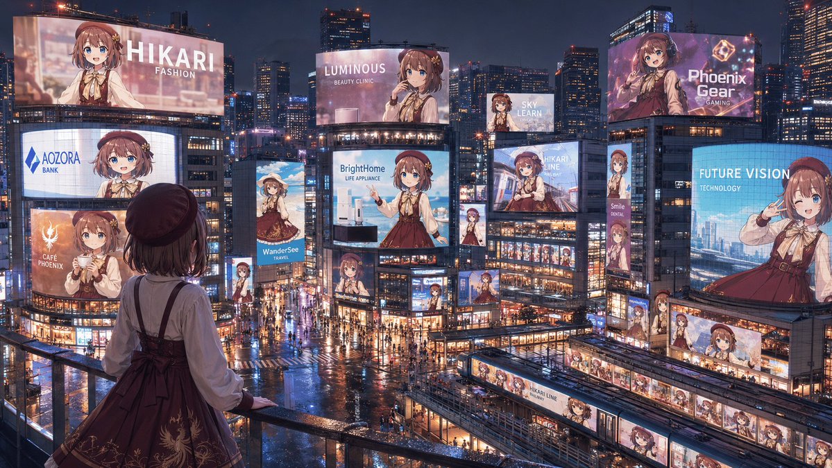 Create a cinematic wide 16:9 anime-style nighttime cityscape showing a full “advertising takeover” of a futuristic Toky…