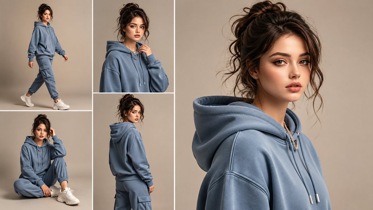 Goal: Create a clean fashion lookbook collage for a women's athleisure outfit, featuring a single model wearing a match…