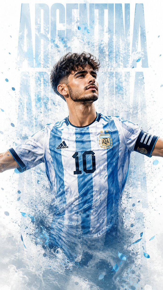 A male footballer with a face similar to the reference photo wearing the Argentina national team's white-and-blue strip…