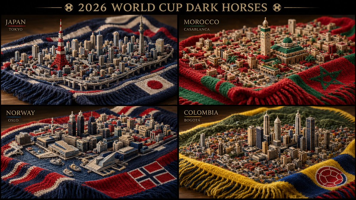 2x2 grid, do this for 4 dark horses for world cup 2026: 16:9, Anchor: [{argument name="city" default="Country's famous …