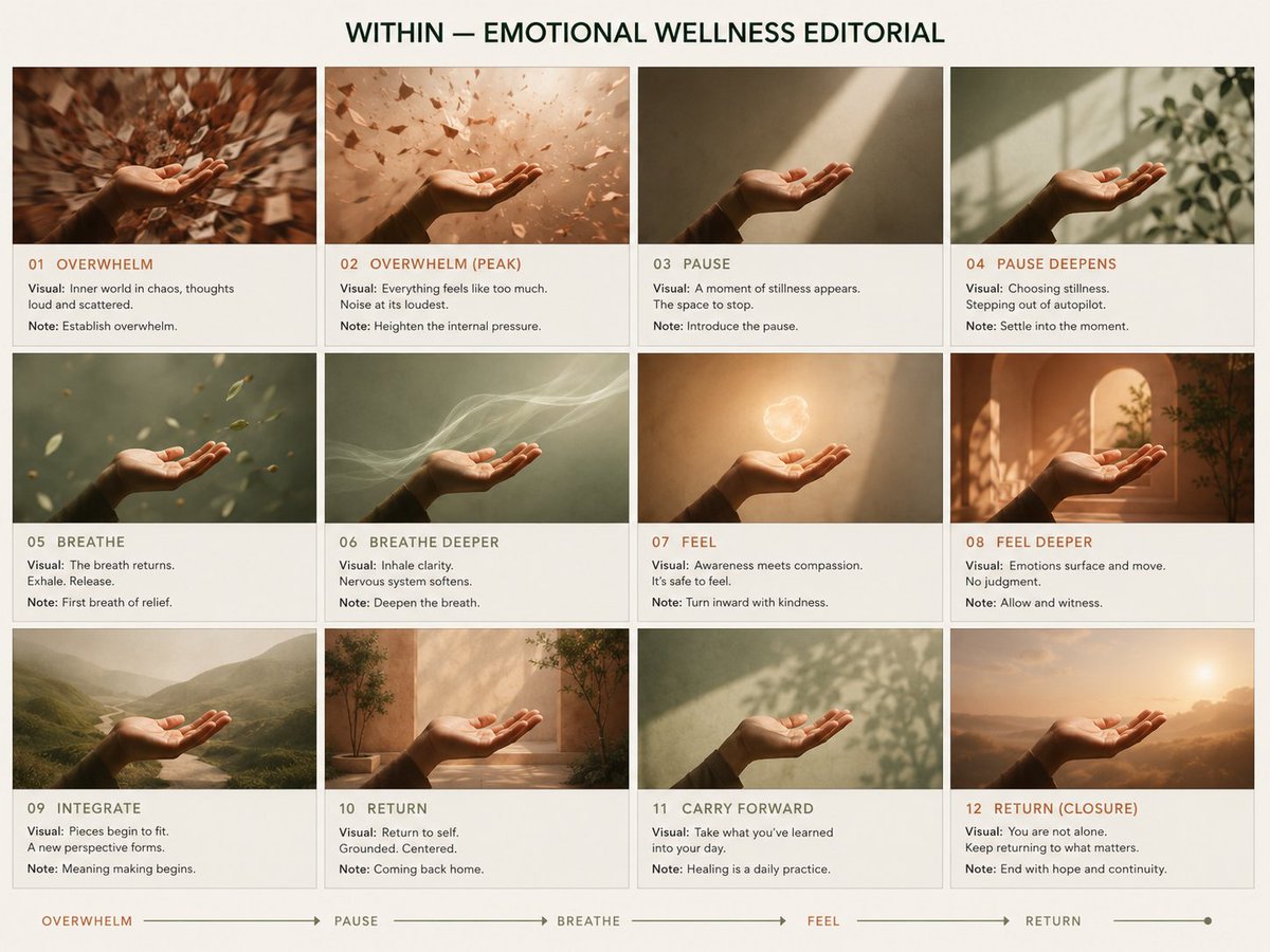 Create a high-end 4:3 pitch deck storyboard in 3x4 grid (12 frames), editorial layout, Headspace/Better Help premium ca…
