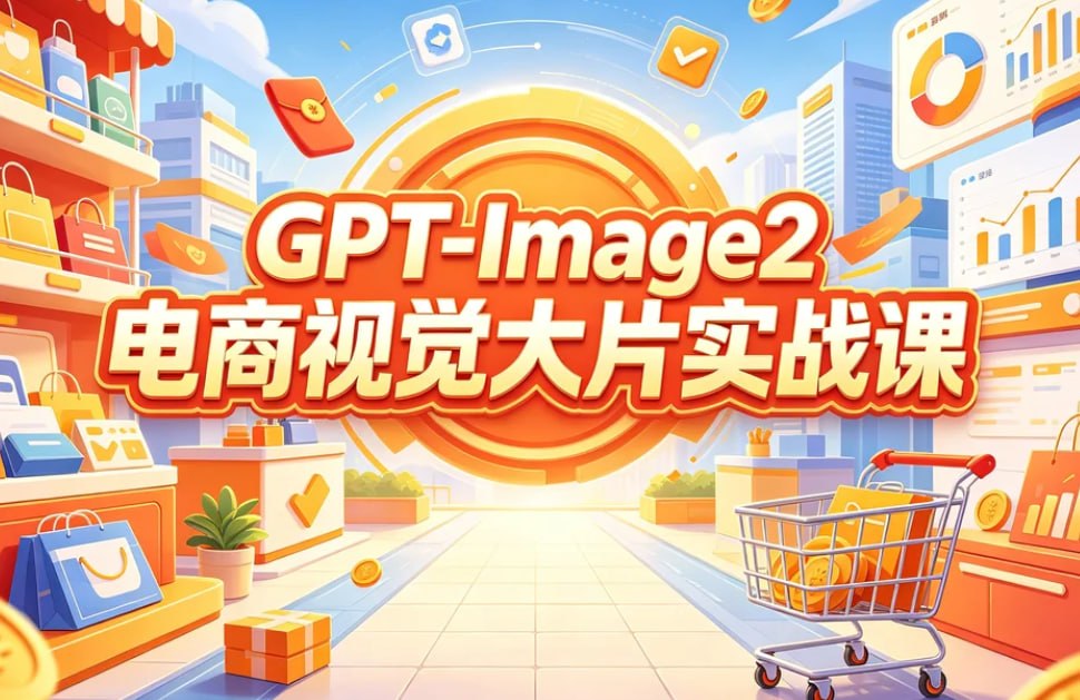 Goal: Create a bright horizontal promotional poster for an AI e-commerce visual design course, in a cheerful 3D cartoon…