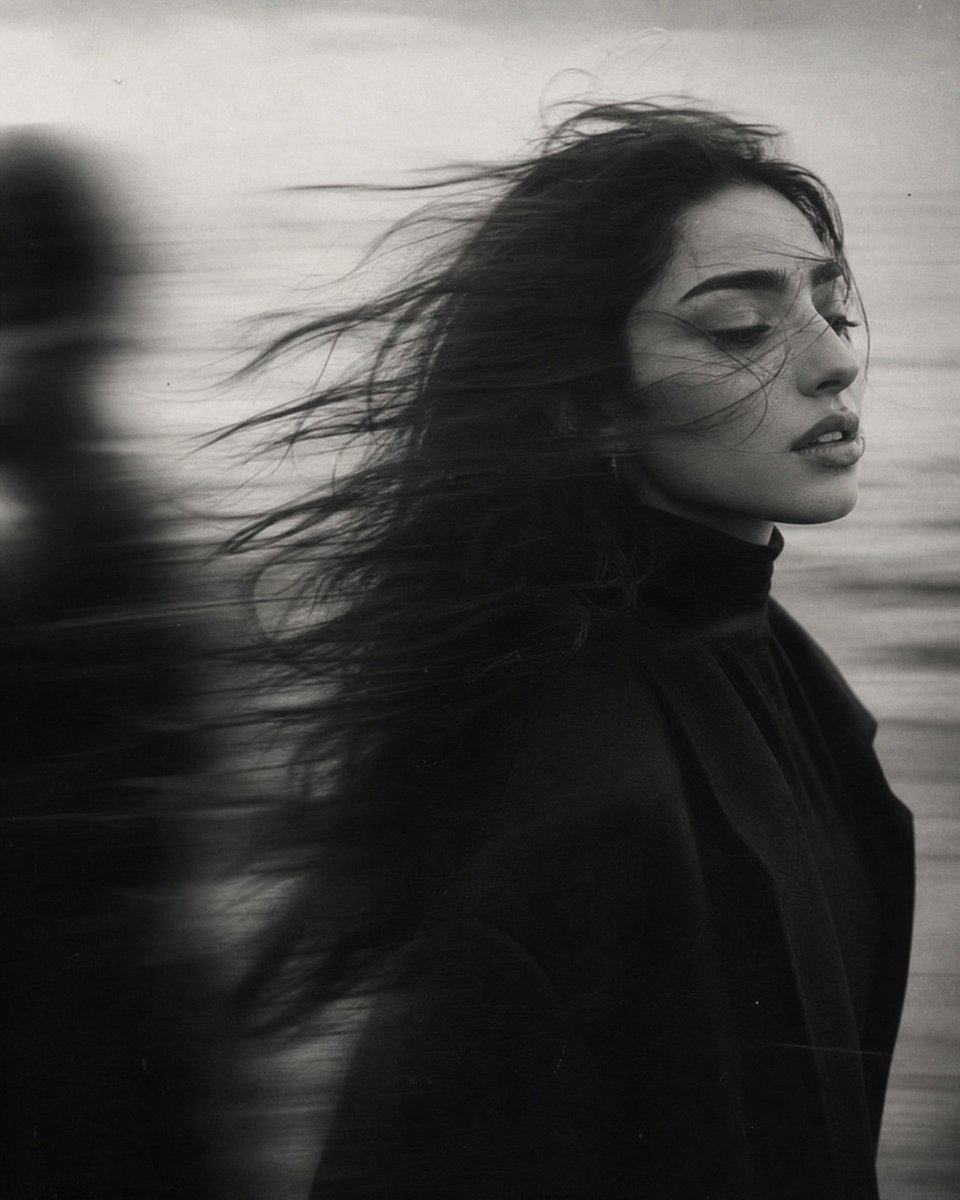 Create a moody black-and-white cinematic portrait in a square 4:5-ish crop, like a grainy analog film photograph. The m…