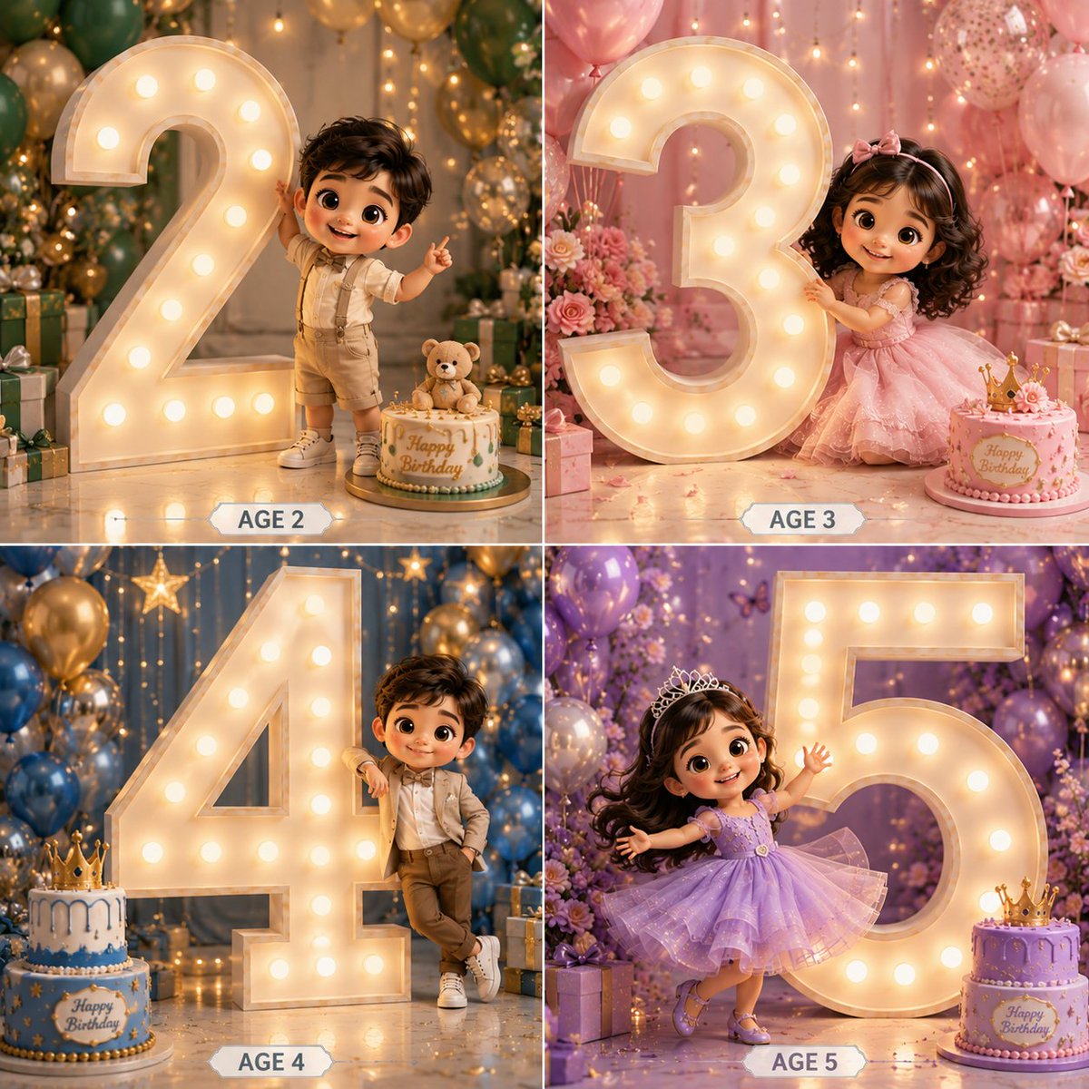 Create a premium 3D cartoon-style birthday collage in a 2×2 grid layout featuring {argument name="subject" default="4 a…