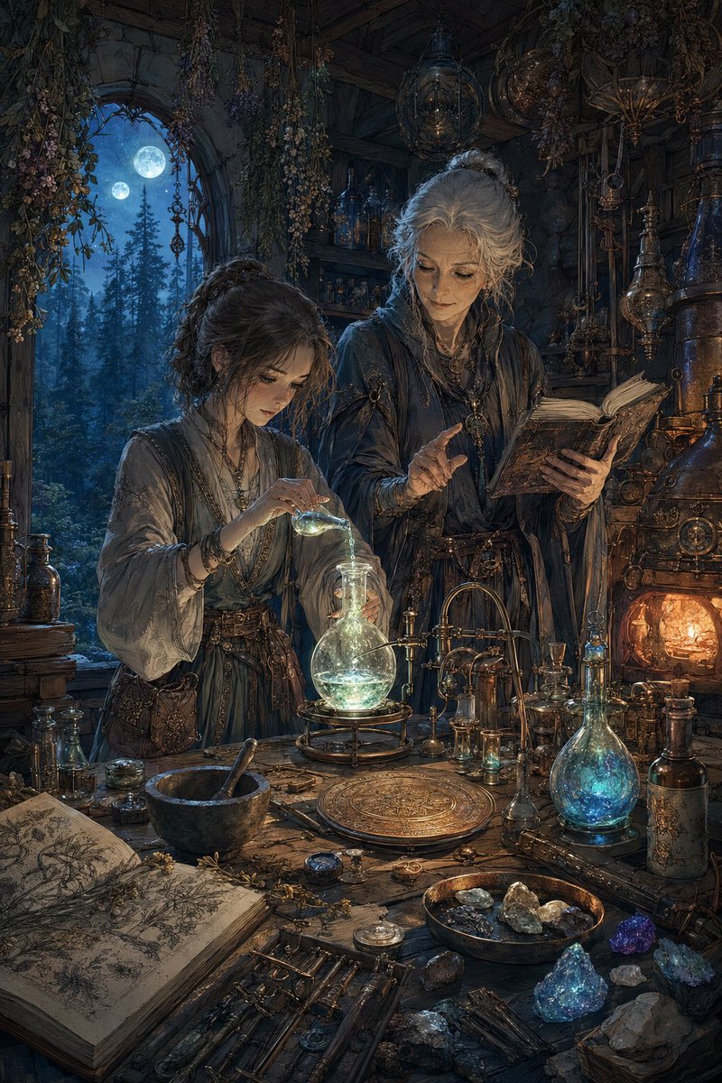 Create an ultra-detailed dark fantasy alchemist workshop scene at night, vertical 2:3 composition. Inside a cramped med…