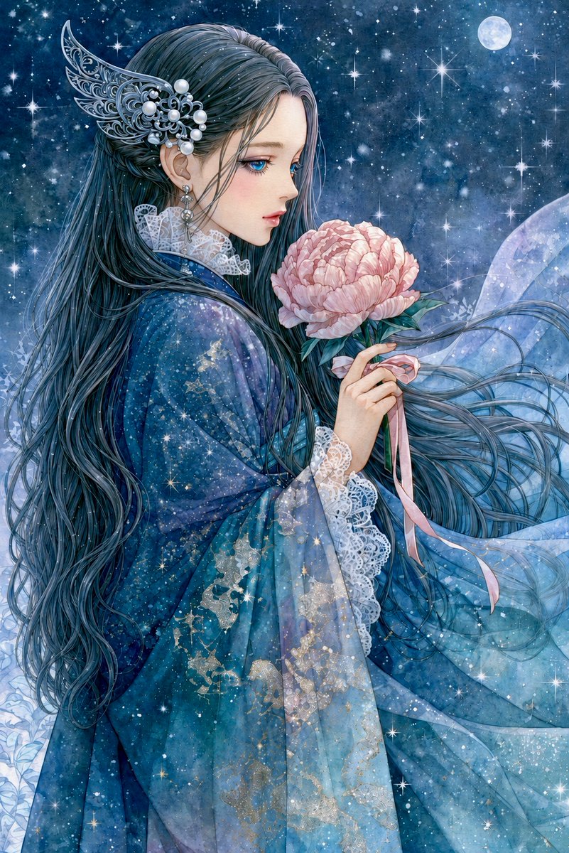 Create a vertical 2:3 fantasy anime-style illustration of one sorrowful young woman in left-facing side profile, standi…