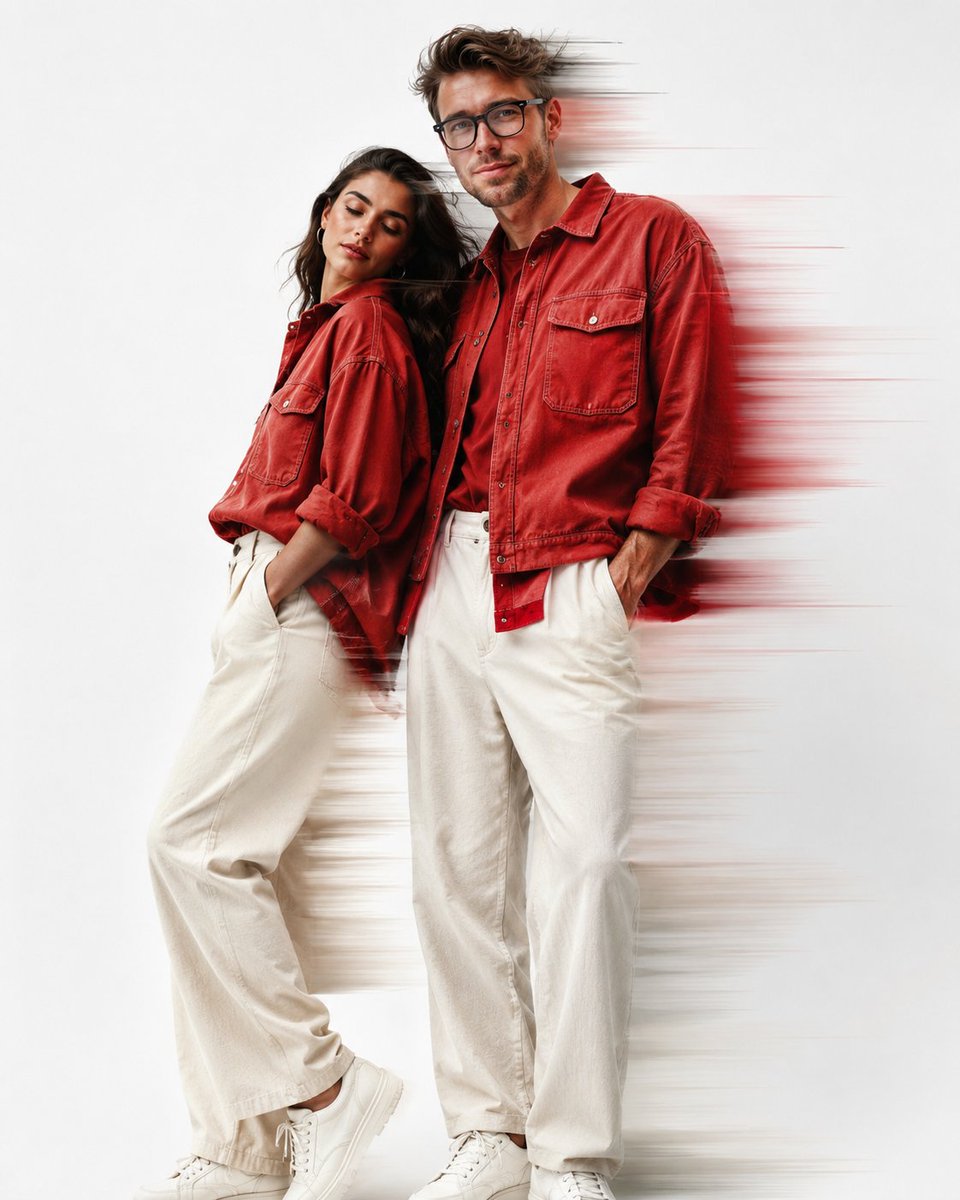 A Uploaded image create {argument name="type" default="Fashion editorial portrait"} of stylish adults standing a clean …