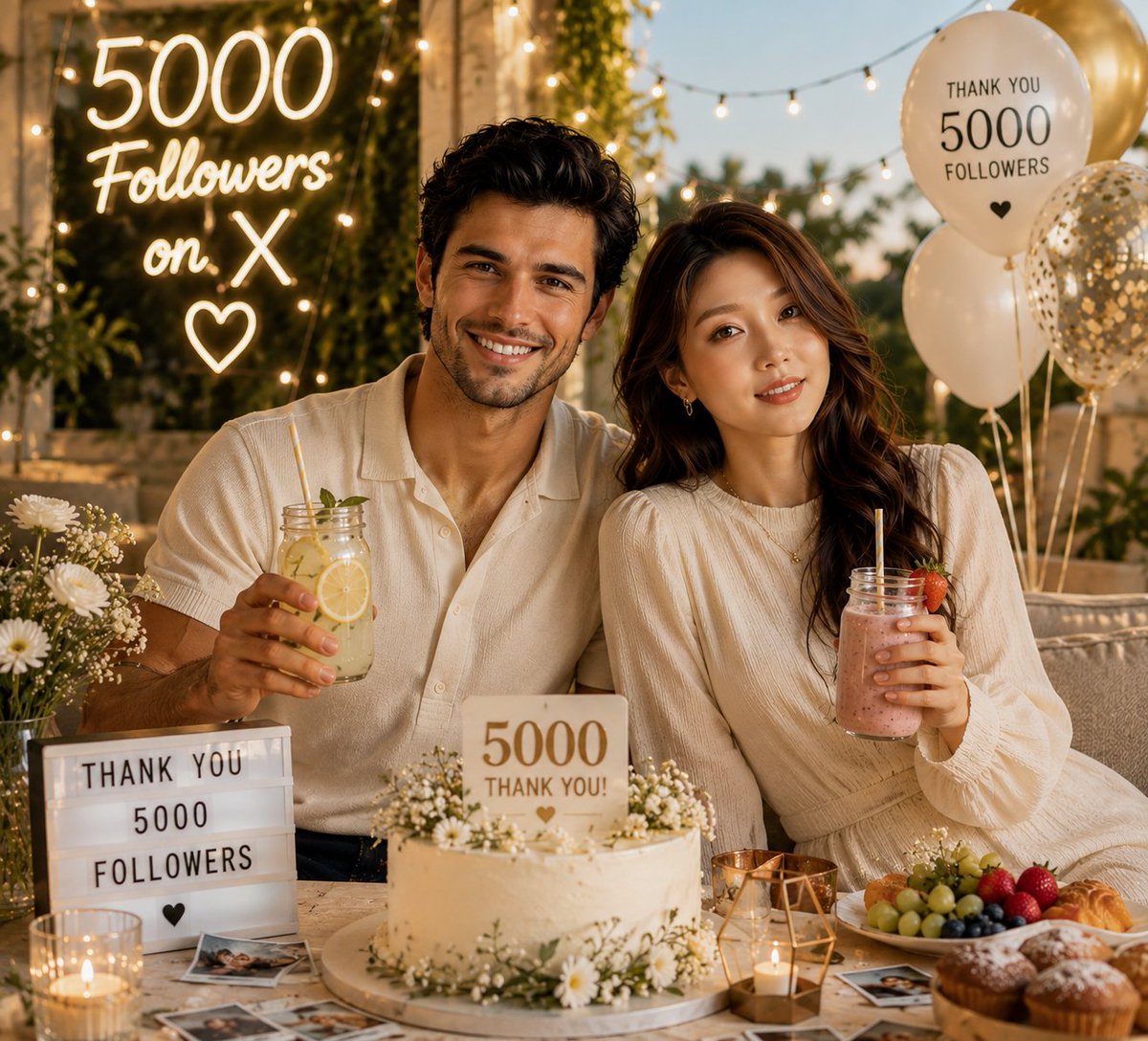 Ultra-realistic luxury social media milestone celebration, cozy indoor evening party, {argument name="couple" default="…