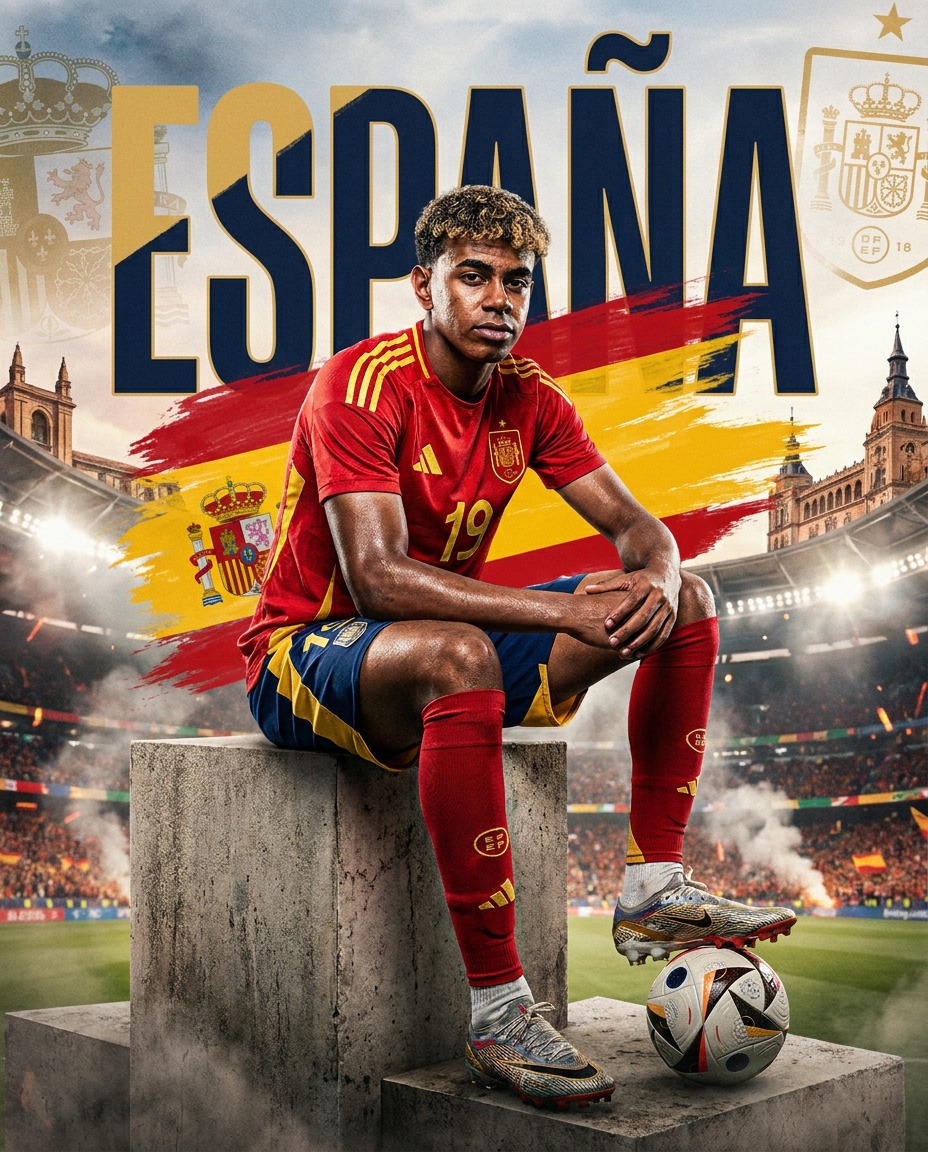 Create a dramatic square sports poster for Spain’s national football team at the FIFA World Cup. Center a young male fo…