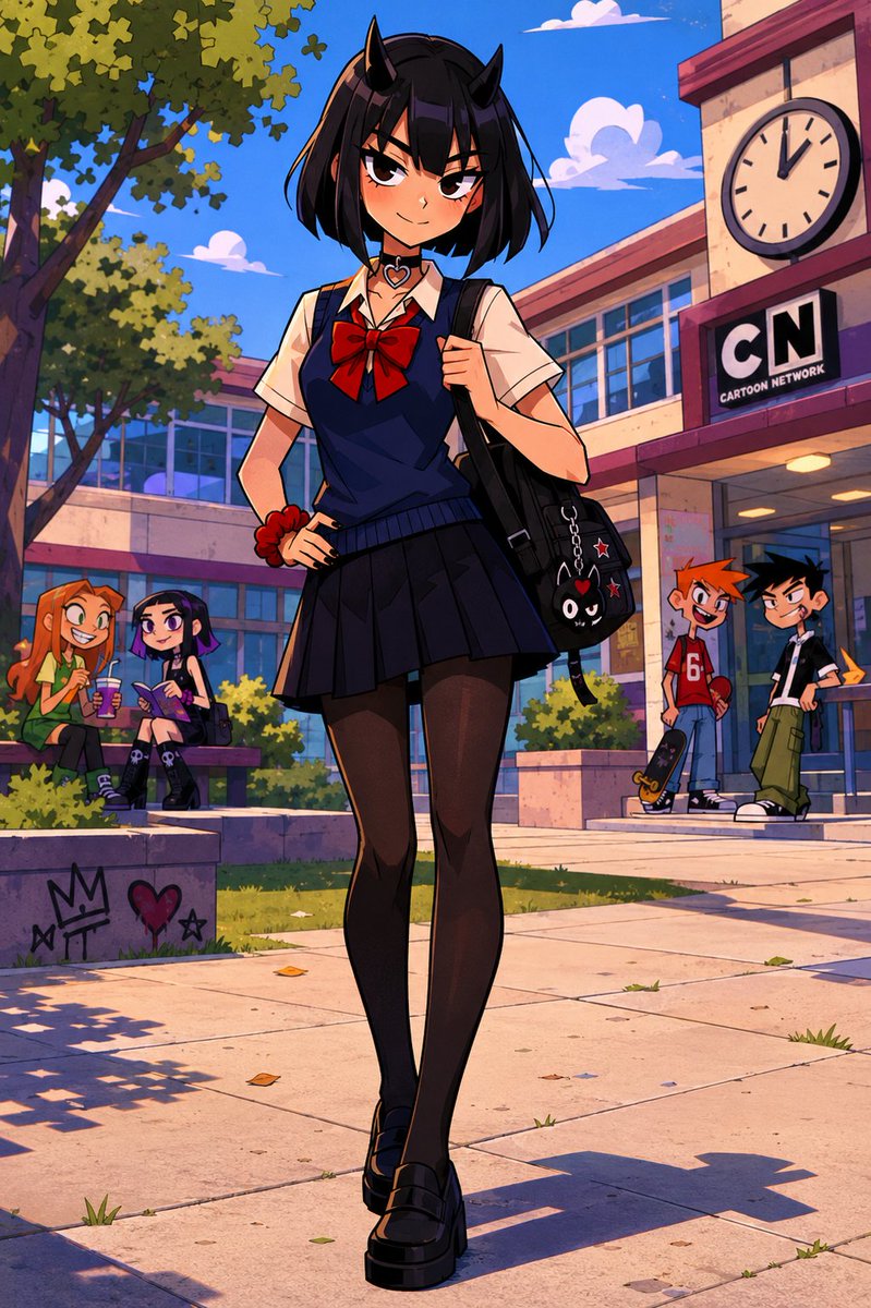 Create a full-body anime character illustration of {argument name="character name" default="a mischievous demon schoolg…