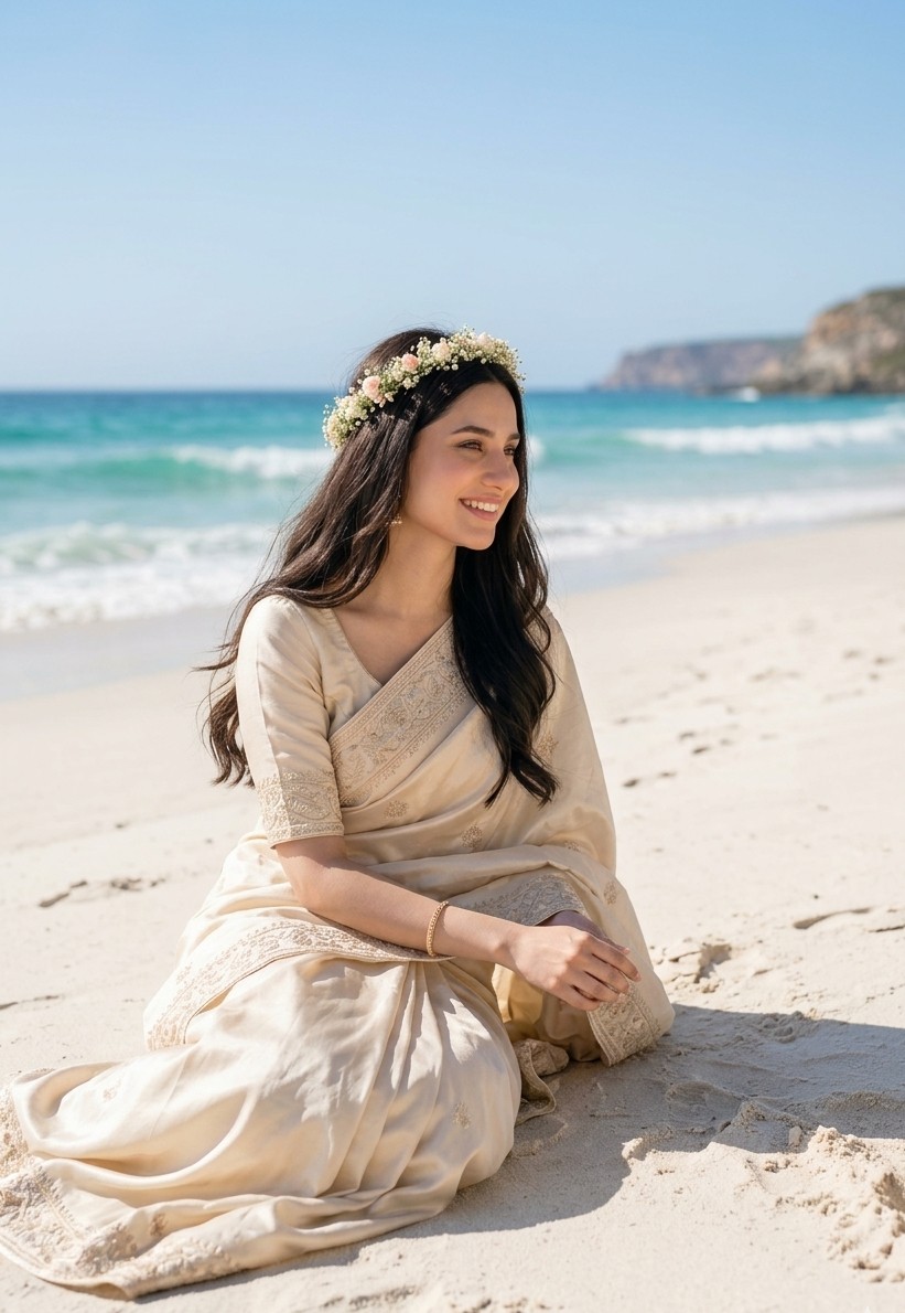 Create an ultra-realistic vertical beach portrait of a graceful South Asian woman sitting alone on pale sand beside tur…