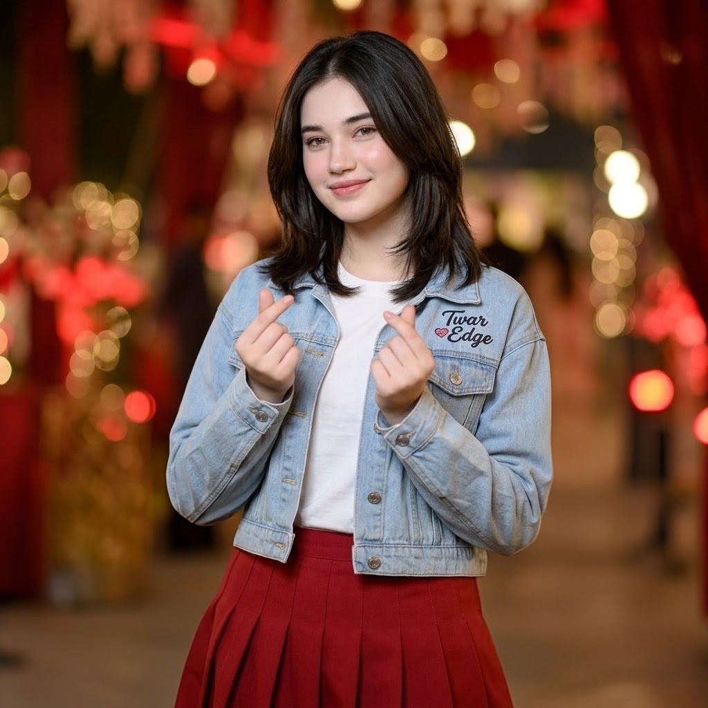 Create an 8K DSLR-style cinematic portrait of a stylish young woman standing centered in a warmly lit festive night str…
