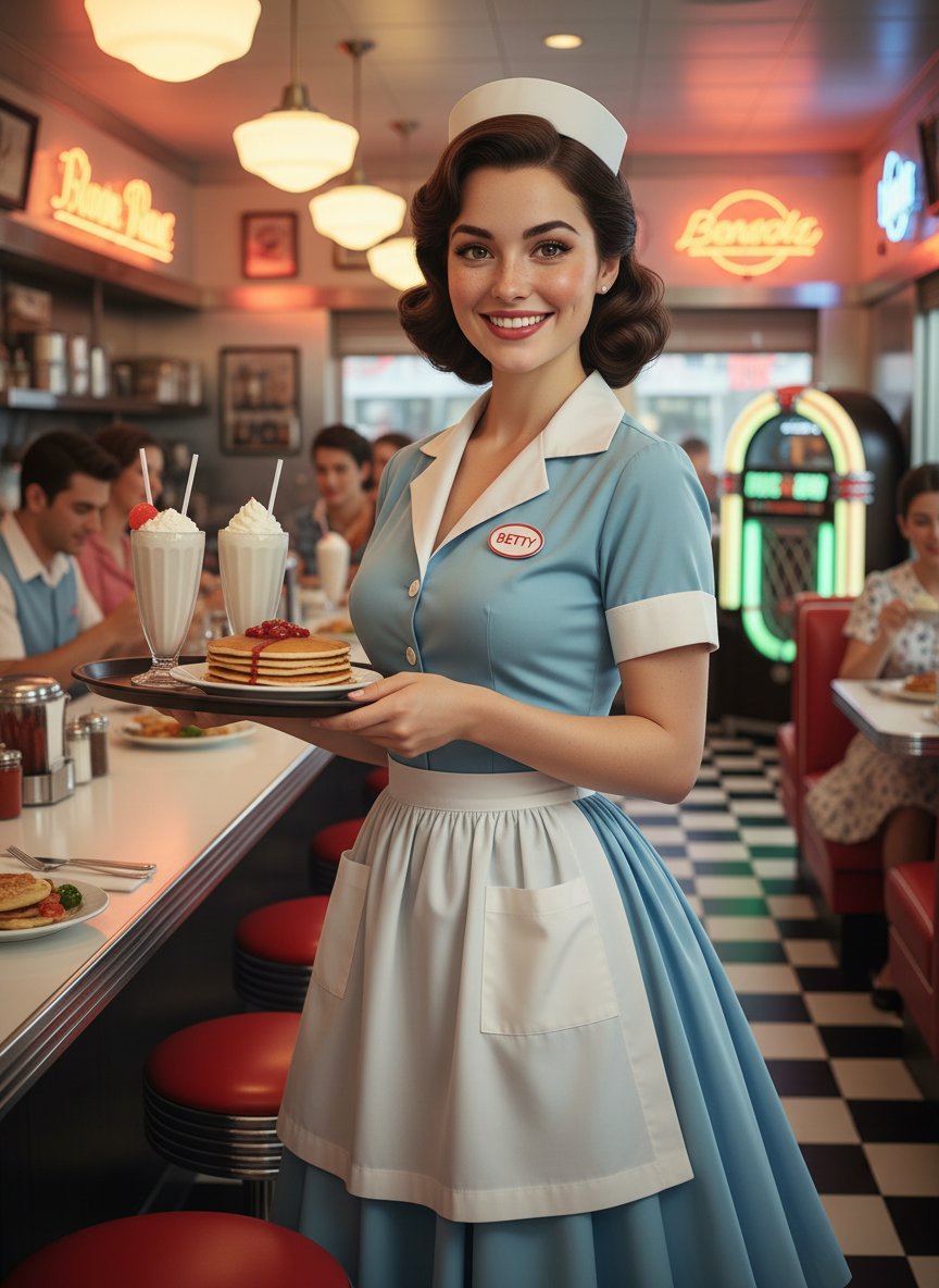 A 1950s American diner scene, centered on a cheerful waitress in vintage uniform. She has softly curled dark hair style…
