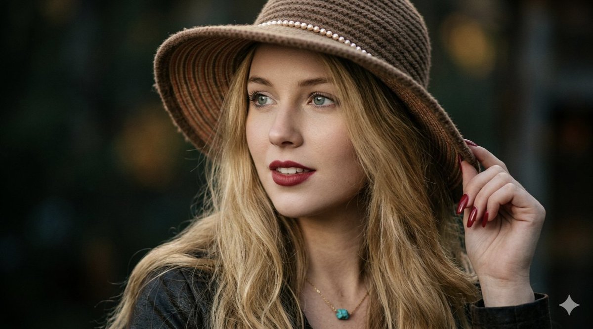 A high-resolution cinematic portrait of a woman with {argument name="hair style" default="long wavy blonde hair"}, wear…