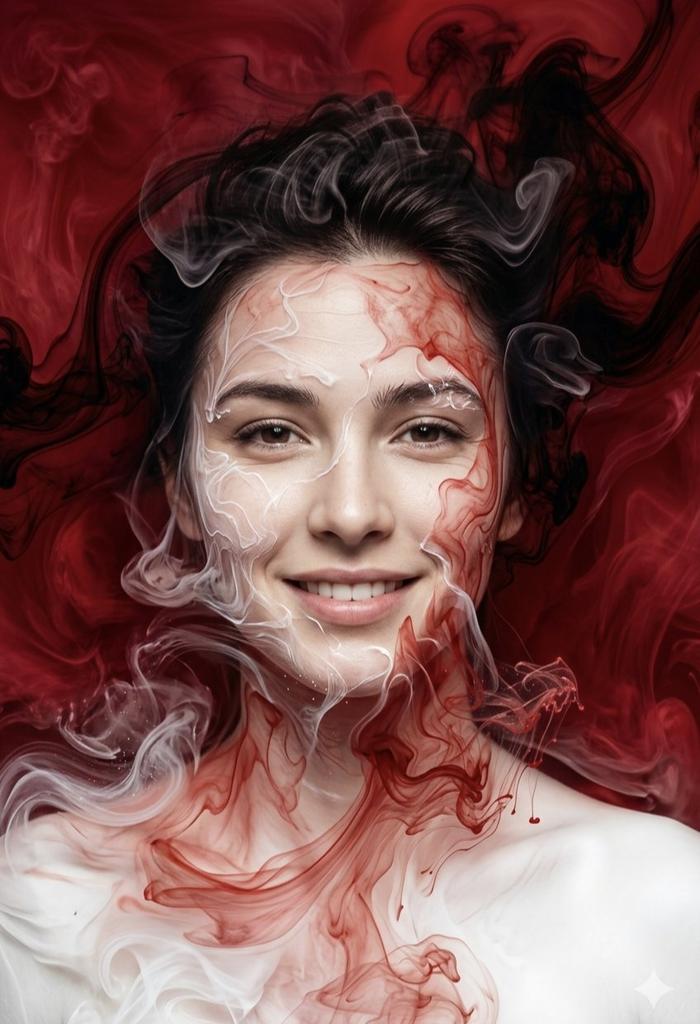 A striking digital art portrait of a {argument name="subject" default="smiling woman"} seamlessly integrated into a flu…