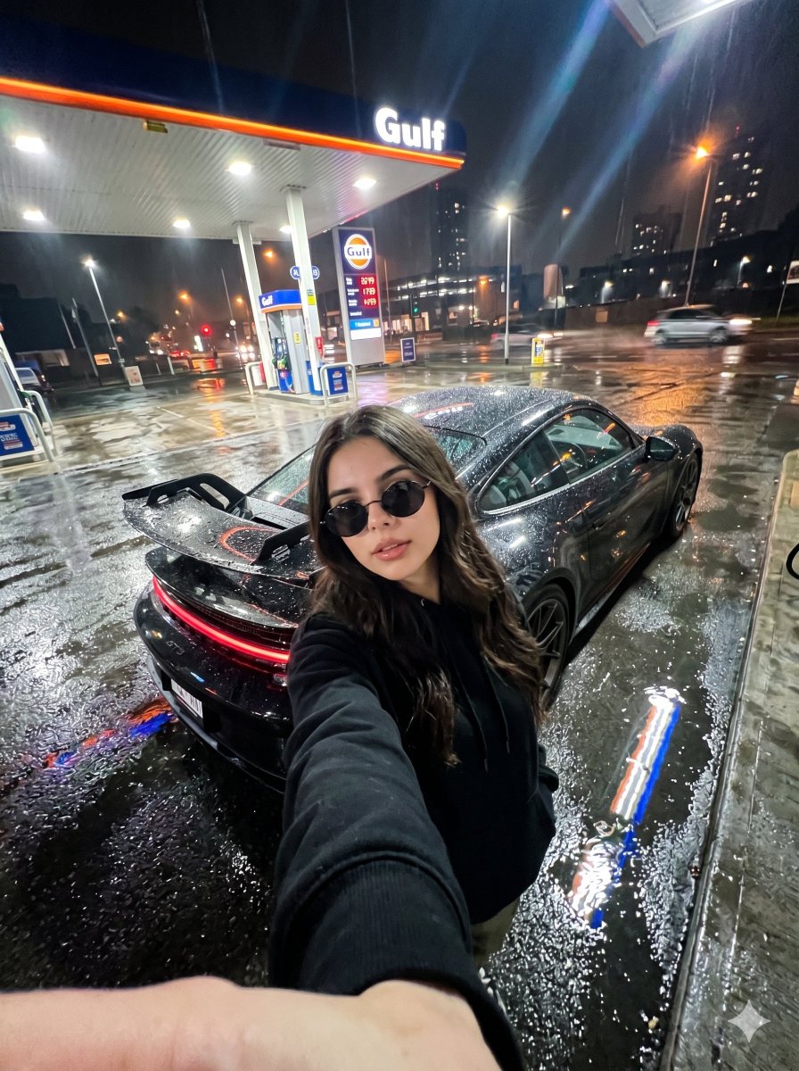 Ultra realistic photo of a young woman in the uploaded image at a gas station at night, holding the camera with one han…