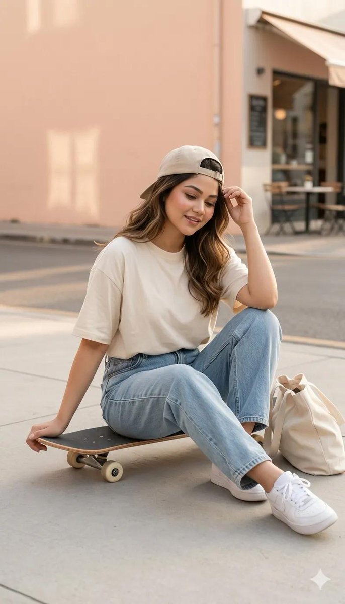 Ultra-realistic full body photo of a {argument name="subject" default="stylish young woman sitting sideways on a skateb…