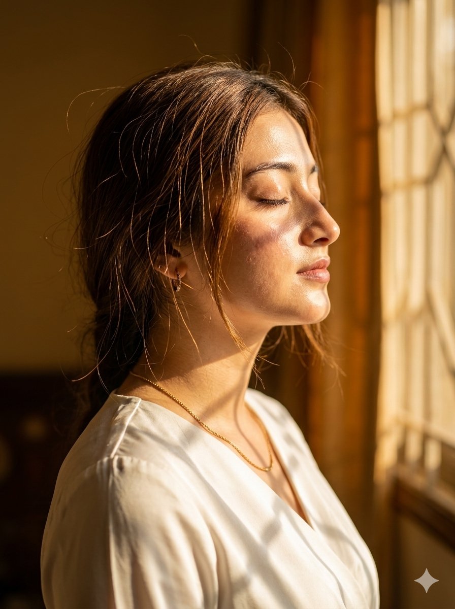 Ultra-realistic cinematic portrait of a {argument name="subject" default="young woman in side profile"}, eyes gently cl…