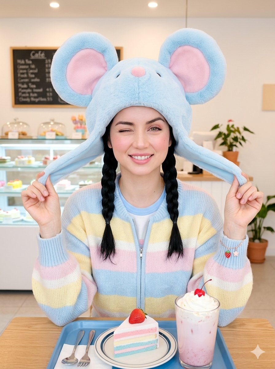 High-quality cute portrait photo of a {argument name="subject" default="young girl"} sitting in a cozy café, captured i…