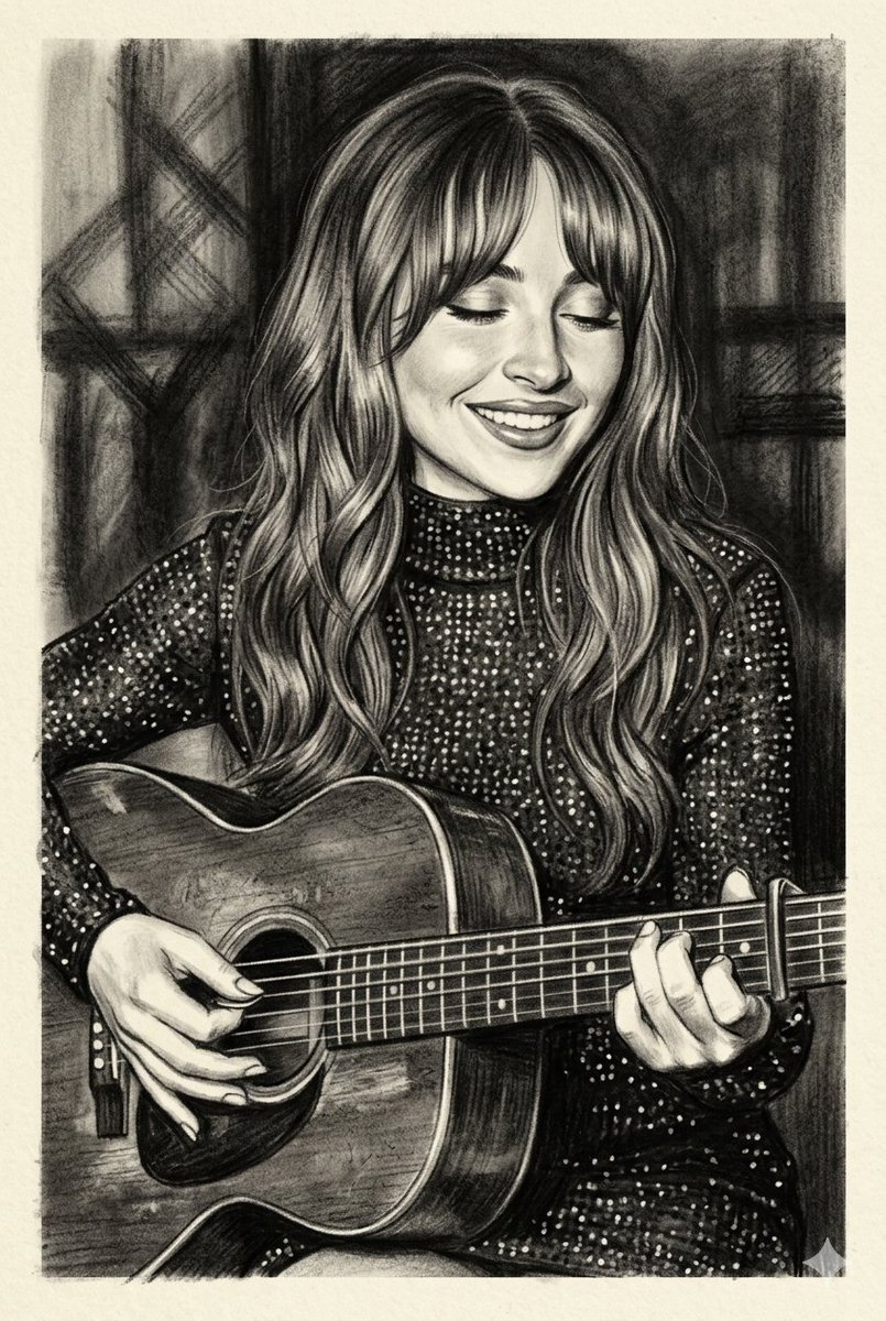 Charcoal-style portrait of a woman with {argument name="hair style" default="long, wavy hair and bangs"}, smiling warml…