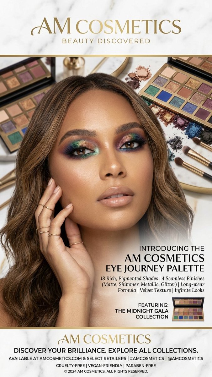 A professional advertisement for "{argument name="brand" default="AM Cosmetics"}" featuring the {argument name="palette…