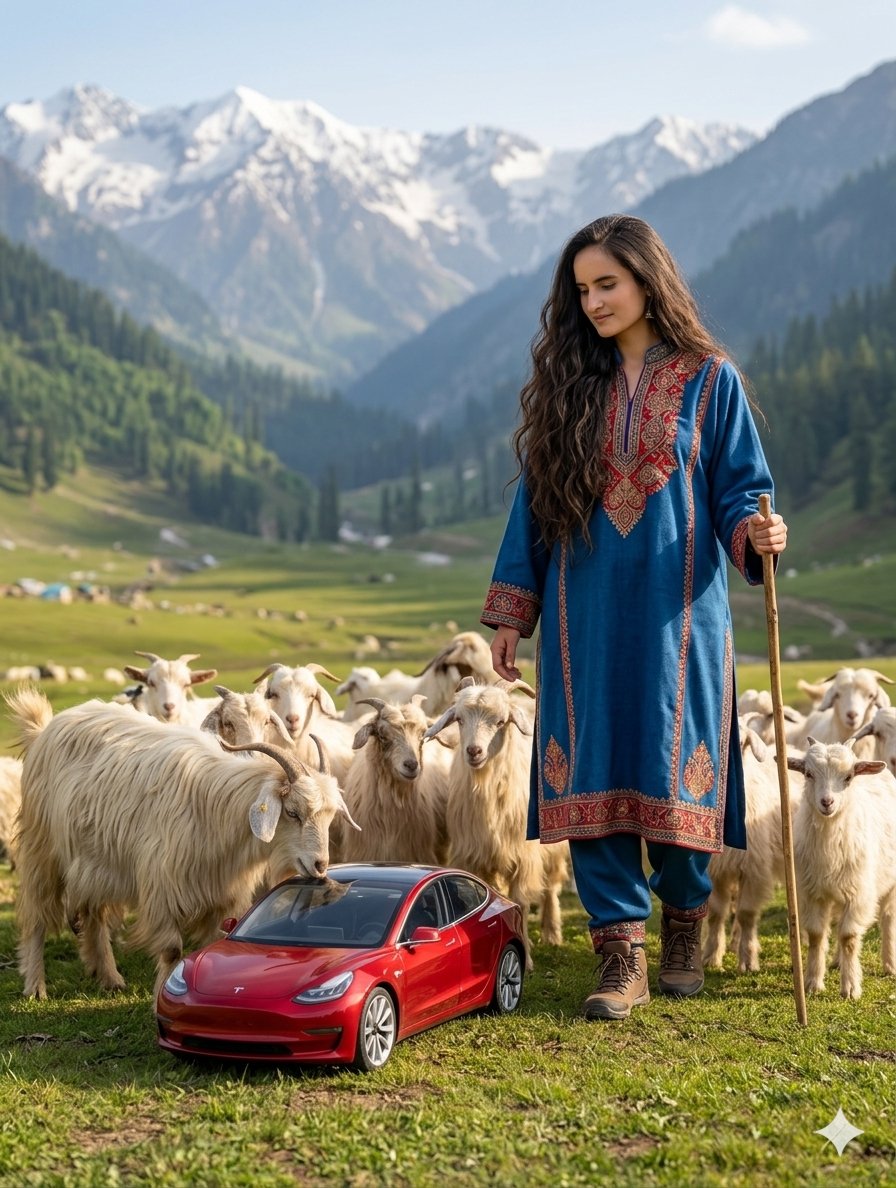 { "image_request": { "subject": { "person": "A young woman with long, wavy dark hair", "action": "Walking through a lus…