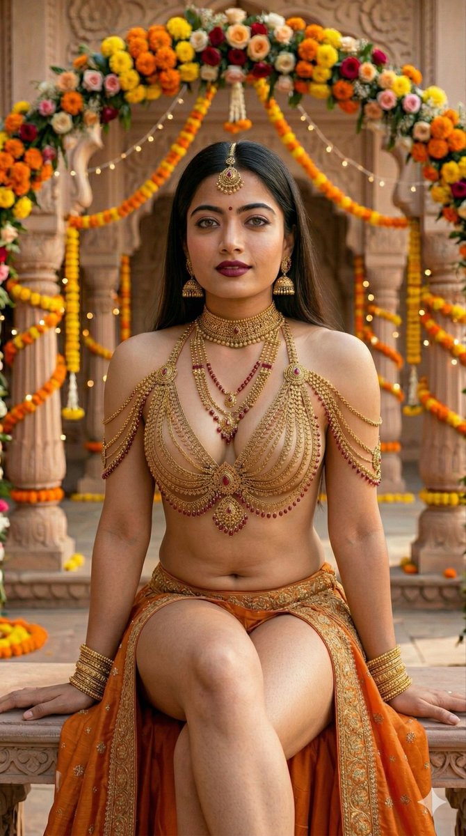 Beautiful Indian woman in luxurious gold bridal jewelry and orange embroidered drape, sitting on ornate cushions in a r…