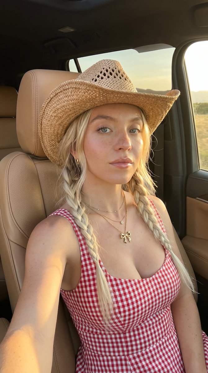 { "prompt": "Photorealistic selfie portrait of an adult blonde woman sitting inside a luxury SUV during golden hour, we…