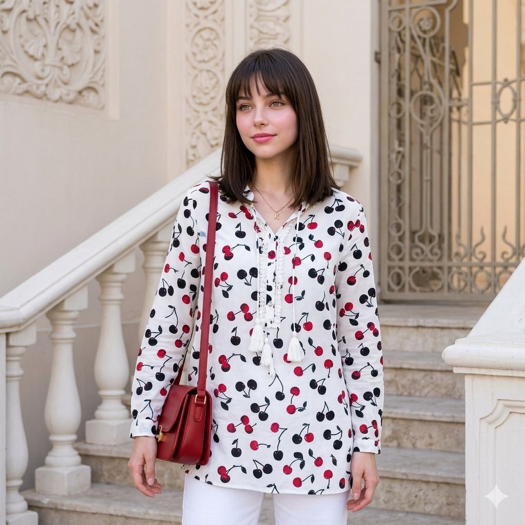 Create an image standing outdoors on what appears to be a staircase with ornate white railings. She is wearing a {argum…