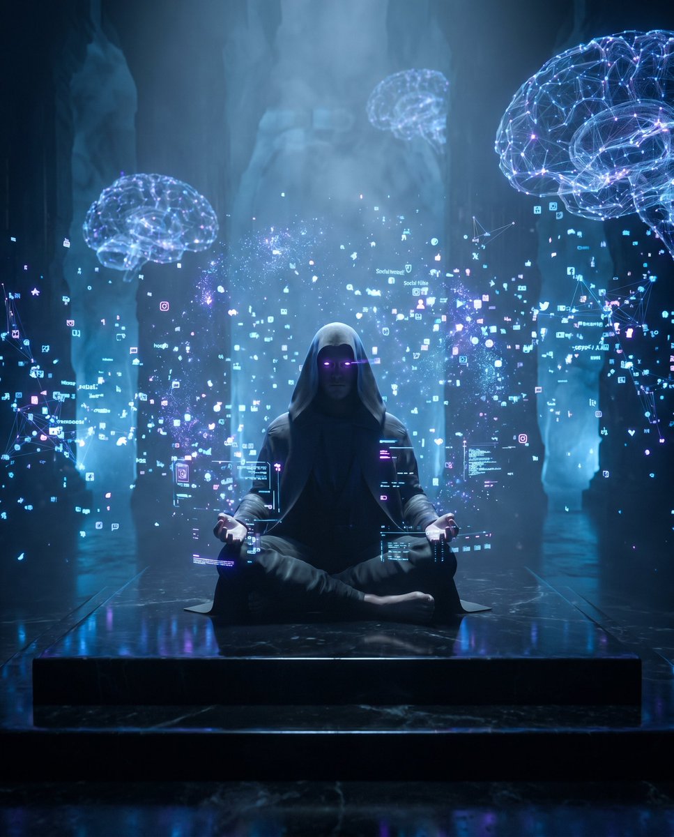 A mysterious {argument name="subject" default="futuristic monk"} sitting alone in deep meditation inside an enormous di…